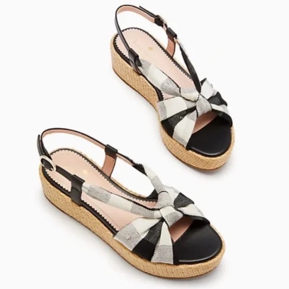 NEW Kate Spade Betsy Gingham Mixed Material Platform‎ Sandal Black / Cream 7.5